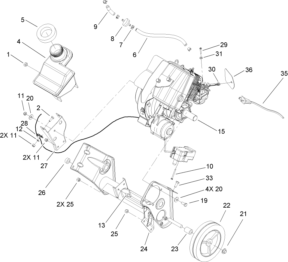 Engine, Gas Tank And Frame Assembly Diagram and Parts List for 33006 260000001 - 260999999 Lawn Boy Snow Blower